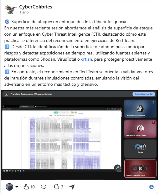 Sesión virtual de CyberColibríes sobre superficie de ataque desde CTI