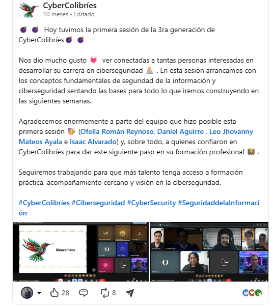 Publicación sobre la primera sesión virtual de la tercera generación de CyberColibríes